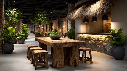 A modern coworking space with communal tables, barstool seating near a coffee counter, laptop users scattered around, leafy green plants, ambient ceiling lighting