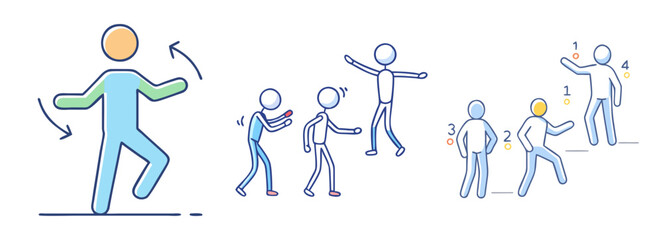 Diverse stick figure actions illustrating movement and activity in sequential order