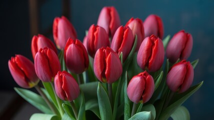 Obraz premium Vibrant crimson tulip arrangement with glossy petals and moody background
