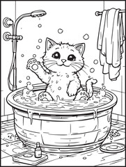 Printable animal-themed coloring page for kids and adults: Cute cat taking a shower