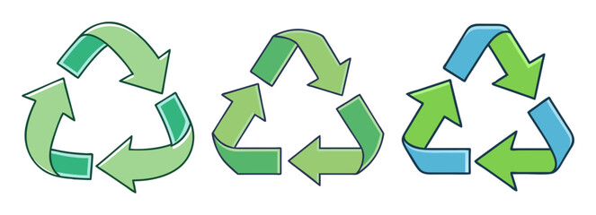 Cartoon Style Recycling Symbol Designs in Green and Blue Tones on White