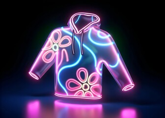 Stylish neon hoodie with floral pattern and glowing lights on a dark background