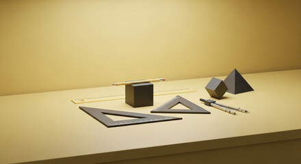 Geometric shapes and drafting tools arranged on a surface with a warm yellow background lighting