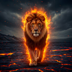 Majestic Lion Engulfed in Flames Walking on Cracked Lava Ground