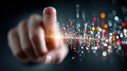 Fingertip interacting with digital data stream, glowing particles