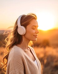 Serene woman, headphones on, enjoying sunset in a field