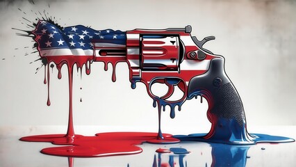 A revolver with an american flag pattern is melting into puddles of red, white, and blue paint against a solid white background, symbolizing the issue of gun violence in the usa