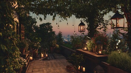 Charming Outdoor Balcony Garden with Lanterns and Candles at Dusk