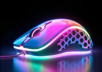 Futuristic gaming mouse with vibrant neon rgb lighting, a modern cyberpunk accessory for pc gamers