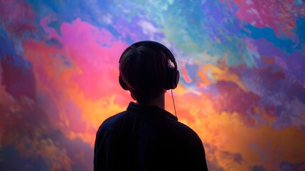 Silhouette of a person wearing headphones looking at a colorful abstract cloud formation with...
