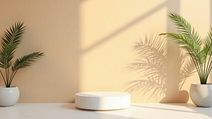 Minimalist interior scene with a white podium and two potted plants casting natural shadows