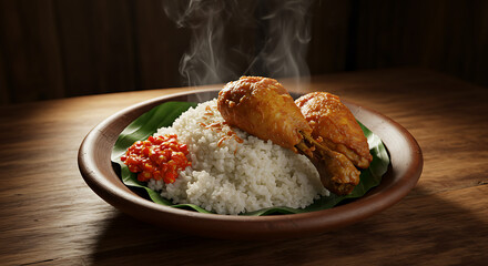 Indonesian Traditional Food Ayam Goreng Nasi Uduk Served on Rustic Plate