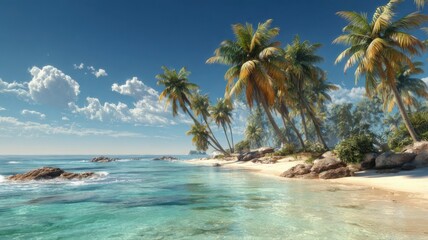 Tropical Island Beach with Leaning Palm Trees over Turquoise Sea