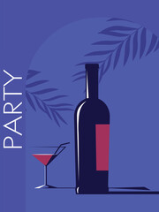 Flat illustration vector wine bottle, glass, palm trees, poster night party, beach bar. Banner festival, wine list, alcohol menu design, booze, red, white wine, cabernet, merlot