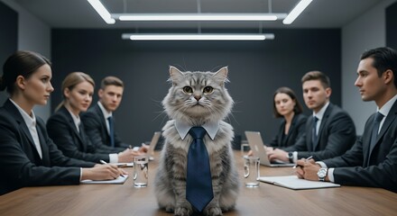Unconventional leadership concept with a serious tabby cat in a tie as the boss in a corporate boardroom