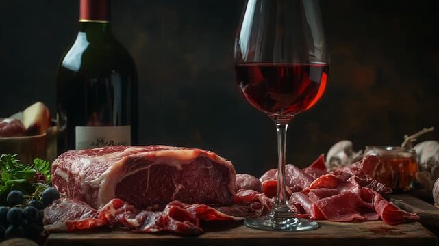 Exquisite still life with red wine, beef, and gourmet delights