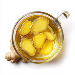 hot ginger tea in a small glass mug with floating ginger slices