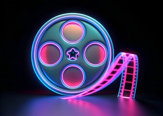 A neonlit film reel with a glowing strip of film, symbolizing cinema and entertainment
