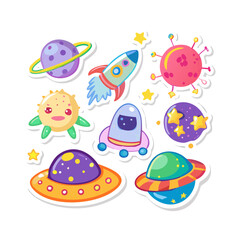 cute outer space set cosmic bundle doodle spaceship planet collection naive stellar sticker illustration design clipart