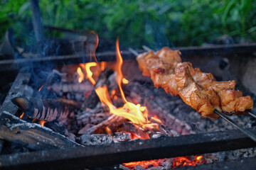 Grilling marinated shashlik preparing on a barbecue grill over charcoal. Shashlik is a form of Shish kebab popular in Eastern Europe