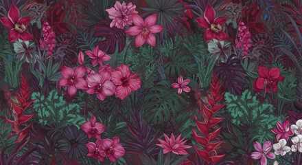 Dark Pink And Red Tropical Flowers Seamless Pattern