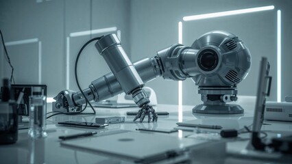 Robotic arm on a desk in a futuristic looking workspace