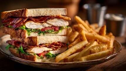 Stacked Club Sandwich with Bacon, Chicken, Lettuce, and Tomato with a Side of French Fries stacked sandwich