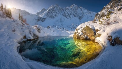 Fototapeta premium Sunlit alpine lake reflects snow-capped peaks in a winter wonderland; vibrant turquoise and gold hues in the icy water