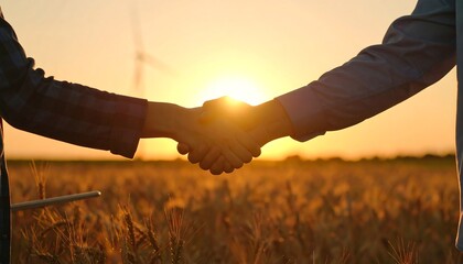 Silhouetted handshake at sunset over a golden wheat field