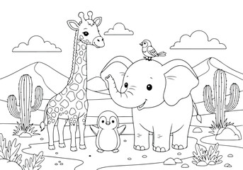 Cute cartoon animals including a giraffe, elephant, penguin, and bird in a savanna landscape with cacti printable illustration coloring page for kids © Ryan