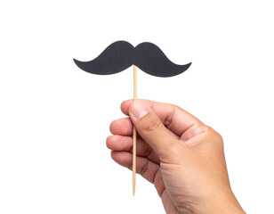A hand holds a black mustache prop on a stick, commonly used for playful photo opportunities or parties.