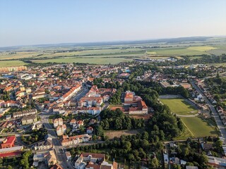 Moravske Budejovice historical town and city center with square aerial panorama