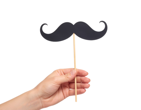 A hand holds a black mustache prop on a stick, often used for fun photo sessions or parties.