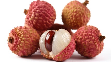 Fresh lychee fruits with one split open showing white flesh on white background