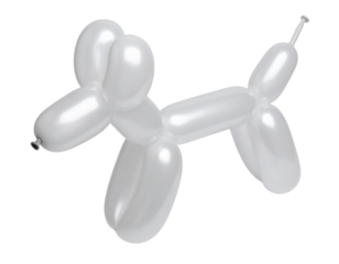 A playful balloon dog sculpture, elegantly shaped with smooth curves and a glossy finish, resembling a typical pet figure made from balloons.