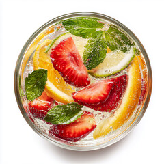 sparkling water with fruit slices and mint in a clear tumbler