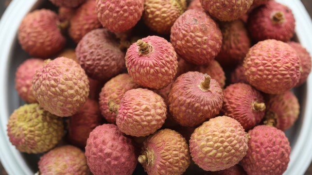 Top-down view of red-pink lychees densely packed in a white ceramic bowl