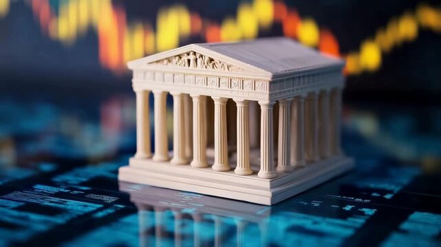 Miniature bank model on stock chart representing finance, banking, stock market trends, investment growth, and economic data visualization.



