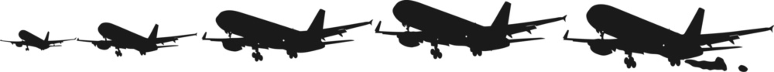 Naklejka premium Aeroplane Landing Silhouette Vector Set - Descent Icons