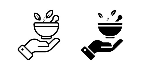 Herbal icon set. A simple minimalist style line art illustration of a hand holding a mortar and pestle with herbs, representing traditional medicine, alternative therapy, or pharmacy concept.