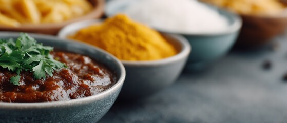 Row of bowls with different colored sauces and spices