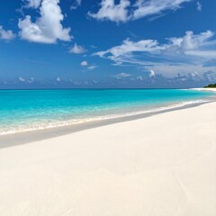 Obraz premium Pristine white sand beach meets turquoise ocean under a vibrant blue sky