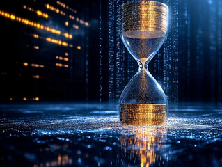 Digital hourglass with glowing dots and binary pattern ideal as modern tech abstract background.
