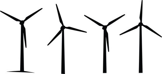 Wind turbine silhouette set, renewable energy vector illustration, wind power generator design, eco-friendly electricity source silhouette, sustainable energy turbine concept