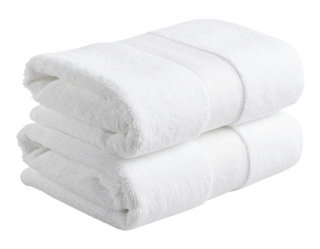Soft, fluffy white towels stacked neatly, conveying a sense of cleanliness and comfort.