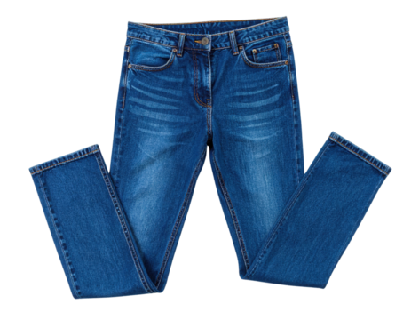 A pair of blue denim jeans with distinct stitching and a classic cut, displayed flat with legs extended.