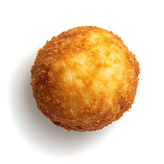 Golden, crispy fried ball with a textured surface, isolated on white background