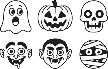 Black and white halloween characters vector illustration