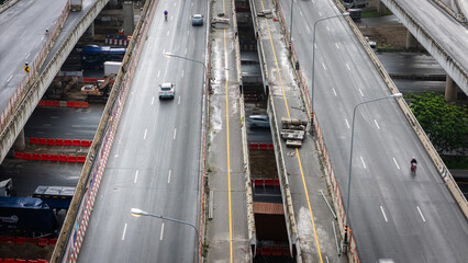 Aerial view city transport traffic road rainny day junction cross road
