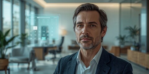 Naklejka premium Man in suit with calendar overlay in modern office space